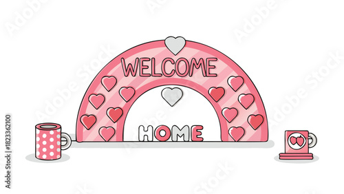 Charming pink rainbow archway with welcome home text and heart decorations accompanied by two cute mugs