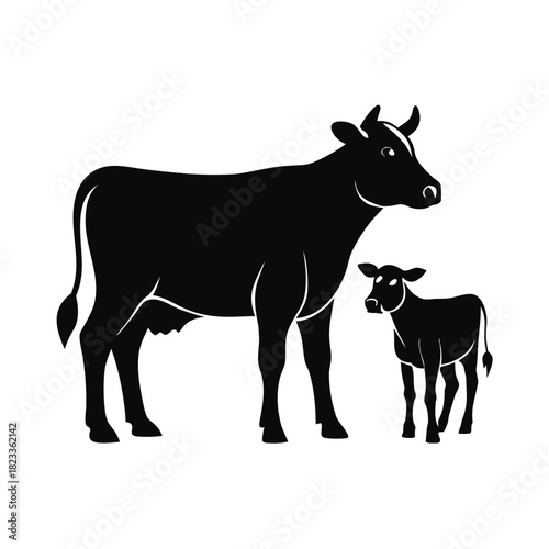 Mother cow and calf standing together in silhouette