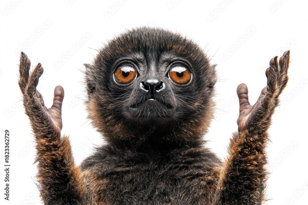 Obraz premium Wide-eyed lemur with raised hands against bright white backdrop