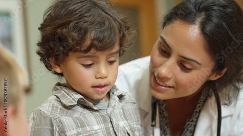 Young adult mother visiting pediatrician doctor with her little sick daughter at medical consultation room. Children healthcare concept.