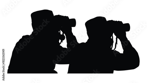 Two observers with binoculars silhouette isolated on white background, Vector