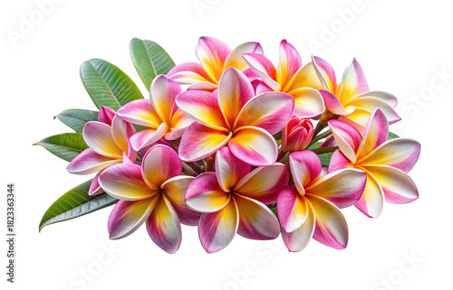 A vibrant cluster of pink, yellow, and white plumeria blossoms with green leaves