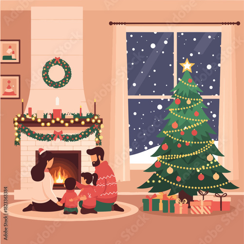 A cozy Christmas scene with a family gathered around a warm fireplace next to a decorated tree.