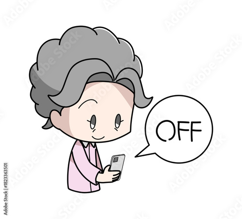 寝る前にスマートフォンの電源を切る高齢女性のイラスト