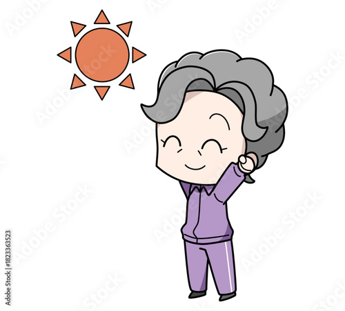 外で太陽の光を浴びる高齢女性のイラスト