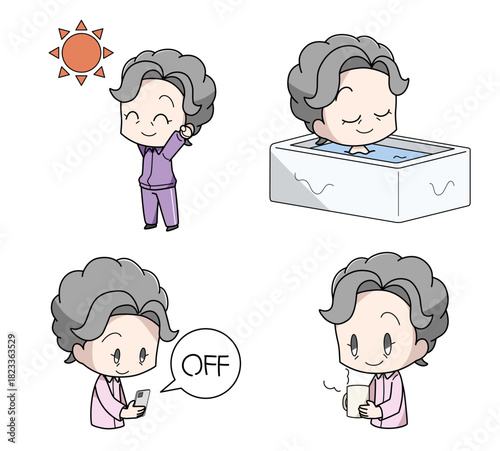 よく眠るための方法のイラスト4種類セット・高齢女性