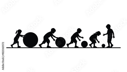 Children playing with balls silhouette isolated on white background, Vector
