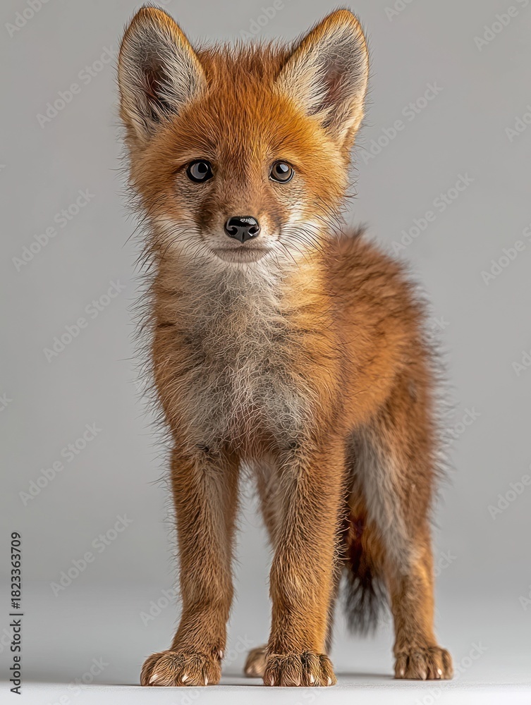 Naklejka premium Young, rusty fox standing on a light background, looking at the camera