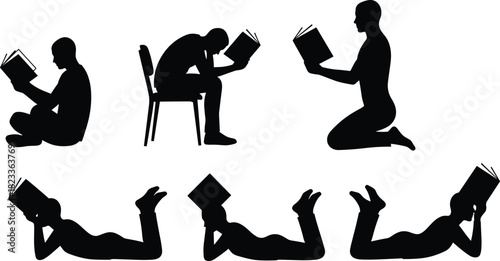 Reading posture silhouette set, sitting, kneeling, lying down, book in hand, black on white, study habit icon