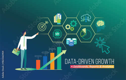 Data-driven decision making, business analysts interpreting complex datasets, strategic planning, and market analysis concept vector illustration. Team examining charts and graphs