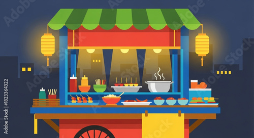 Night Street Food Cart Vector Illustration – Flat Design
