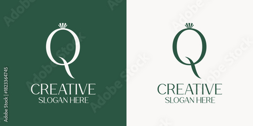 Letter Q monogram logo design topped with a royal crown or jewel