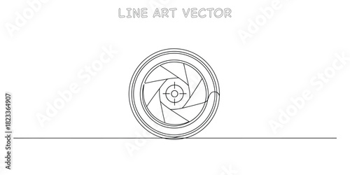 Camera lens aperture shutter mechanism depicted in minimalist continuous line drawing