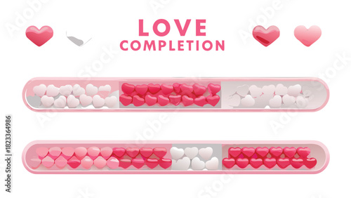 Love completion progress bars filled with pink and white hearts symbolizing relationship development and affection