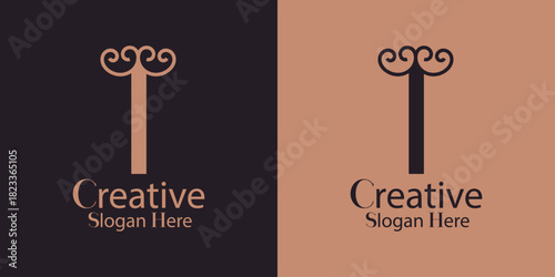 Letter T or pillar logo design with decorative swirl top elements