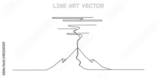 Mountain peak landscape with stylized clouds and wind lines above