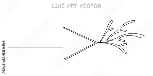 Minimalist continuous line drawing of a play button triangle sprouting organic tree branches
