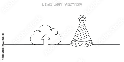 Cloud computing upload icon connected to a festive party hat illustration