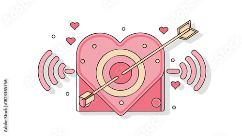Pink heart with target and arrow surrounded by hearts and wifi signals symbolizing love and connection