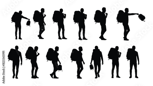 Backpacker silhouettes collection isolated on white background, Vector