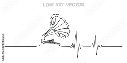 Vintage gramophone player turning into a sound wave heartbeat line