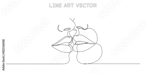 Romantic couple kissing with faces drawn in abstract one line art style