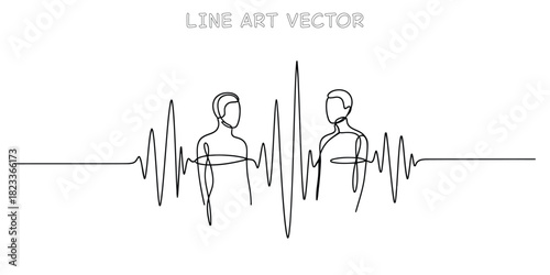 Two abstract human faces facing each other connected by a sound wave heartbeat line