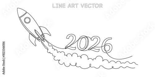 Space rocket launching with smoke trail forming the number 2026