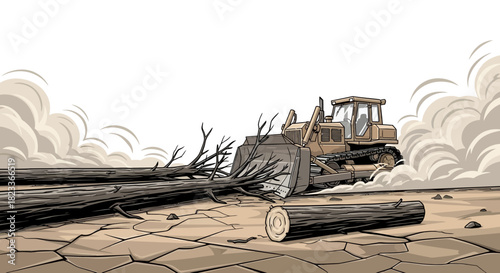 Cartoon Bulldozer Pushing Logs on Cracked Earth with Dust Clouds.