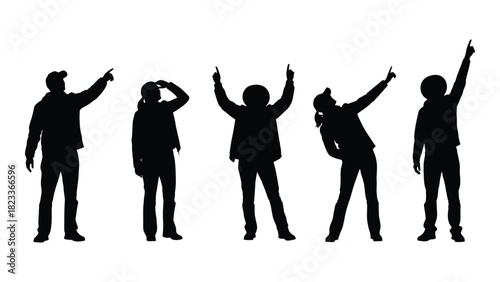 People silhouettes pointing upwards isolated on white background, Vector