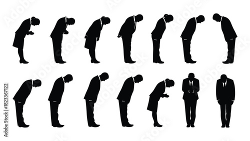 Japanese bowing etiquette silhouettes isolated on white background, Vector