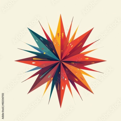 Colorful geometric starburst abstract design with warm and cool tones