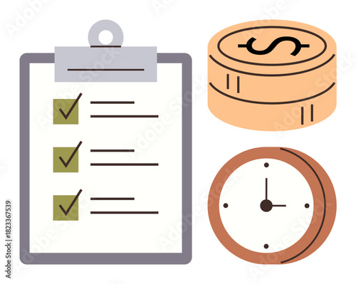 Checklist clipboard, stacked coins with dollar sign, and analog clock emphasizing task prioritization, efficiency, and financial planning. Ideal for productivity, budgeting, deadlines, organization