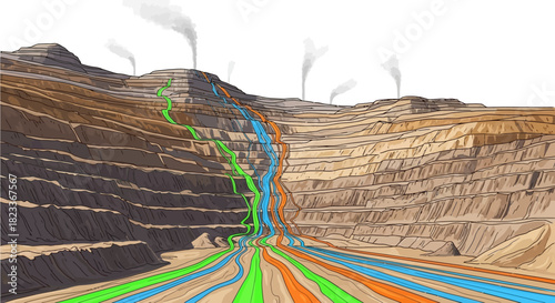 Open-Pit Mine Illustration with Colored Runoff and Smoke Plumes.