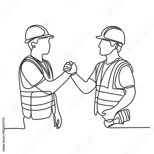 Construction men workers and businessman teamwork shake hands cooperate simple style illustration.