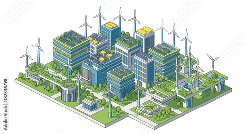 Isometric illustration of a futuristic eco-city with green roofs solar panels and wind turbines.