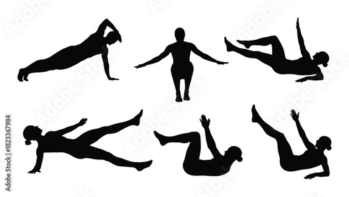 Fitness exercise silhouettes collection isolated on white background, Vector