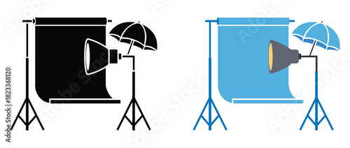 Photo Studio Setup Icon - Photography Backdrop, Light Stand, and Softbox Umbrella Vector.