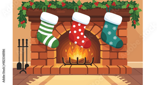 Christmas fireplace stockings holiday decoration celebration festive season warm home