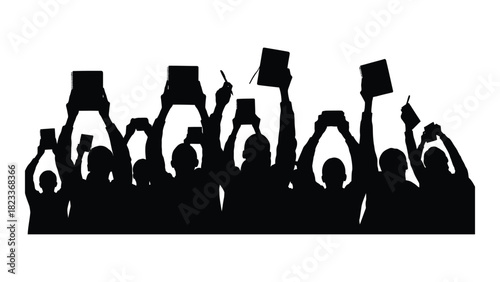 Silhouettes of people raising notebooks and hands isolated on white background, Vector