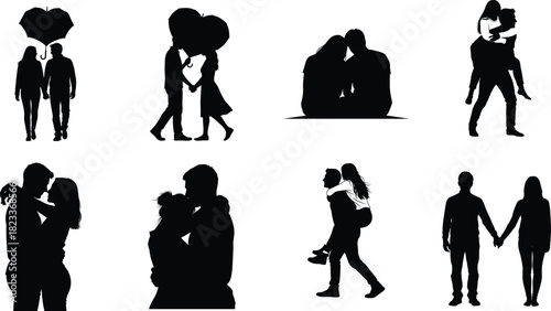 Silhouette collection of romantic couples in various poses of love and affection