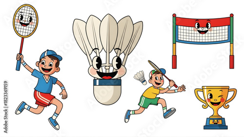 Cartoon badminton set with players, shuttlecock, net, and trophy, perfect for sports and game illustrations