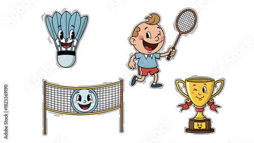 Badminton game elements with joyful cartoon characters and a trophy representing victory and achievement in sports