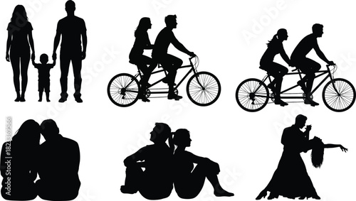 Silhouette illustrations of couples and families in various poses and activities