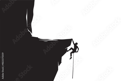 Black silhouette reveals climber hanging from steep cliff with rope on white backdrop