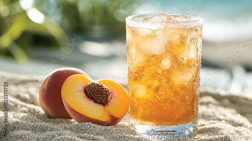 A glass of iced peach soda with slice of peach on a sandy towel