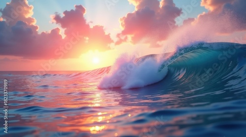 Fototapeta Naklejka Na Ścianę i Meble -  Dramatic ocean wave crashing at sunset with colorful clouds