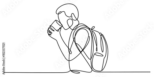 Continuous line drawing of a young person with a backpack enjoying a drink from a cup, minimalist art style, simple vector illustration design Vector, illustration