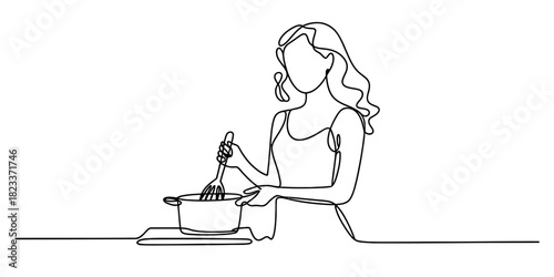Continuous line drawing of a woman stirring a pot on a stovetop, capturing the essence of home cooking, meal preparation, and domestic life. Vector, illustration