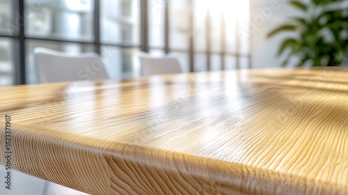 Close-up of a glossy wooden table surface in a bright, modern office setting